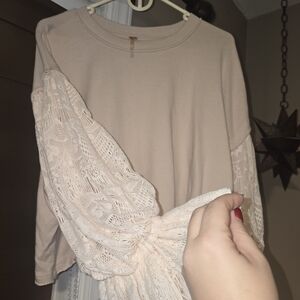 We The Free Beige Lace Sleeve Sweatshirt